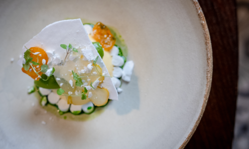 Cremeux citron, sorbet basilic, main de Bouddha, meringue, jus de basilic