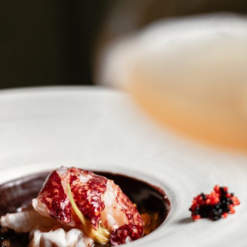 Homard, cervelle de veau, capucine , chanterelles,  sauce civet