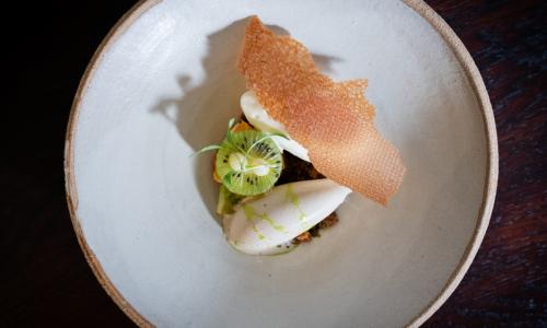 Mandarine, kiwi, mousse Savagnin, glace hojicha, gavotte, sablé breton, huile de coriandre_2