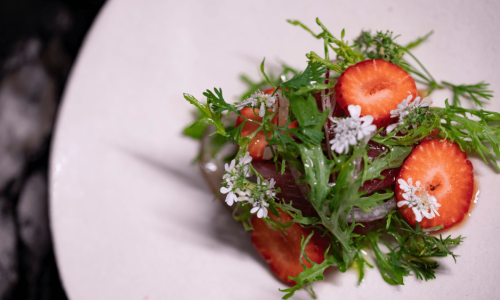 Thon rouge de ligne façon « Ikejime », fraises de Provence de Thibaut Pique, salade de feuilles de moutarde frisées, fleurs de coriandre et crème crue.png